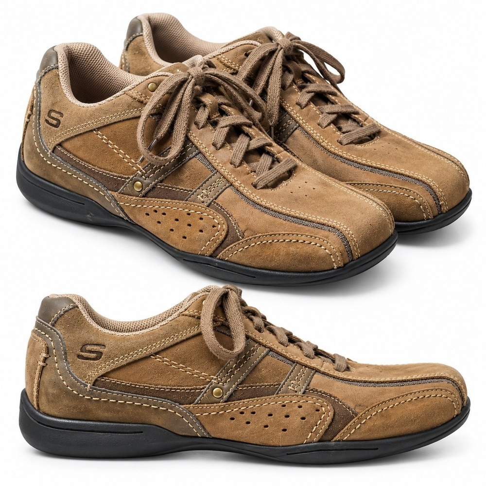 Y2K SKECHERS Relaxed Step Casual Sneaker Mens Sz 9 Tan/Beige Logo Perforated Toe